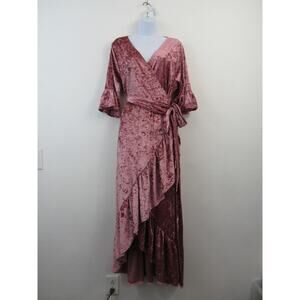 Farmhouse Frocks XL Pink Crushed Velvet Maxi Wrap Dress Ruffle Rose V Neck